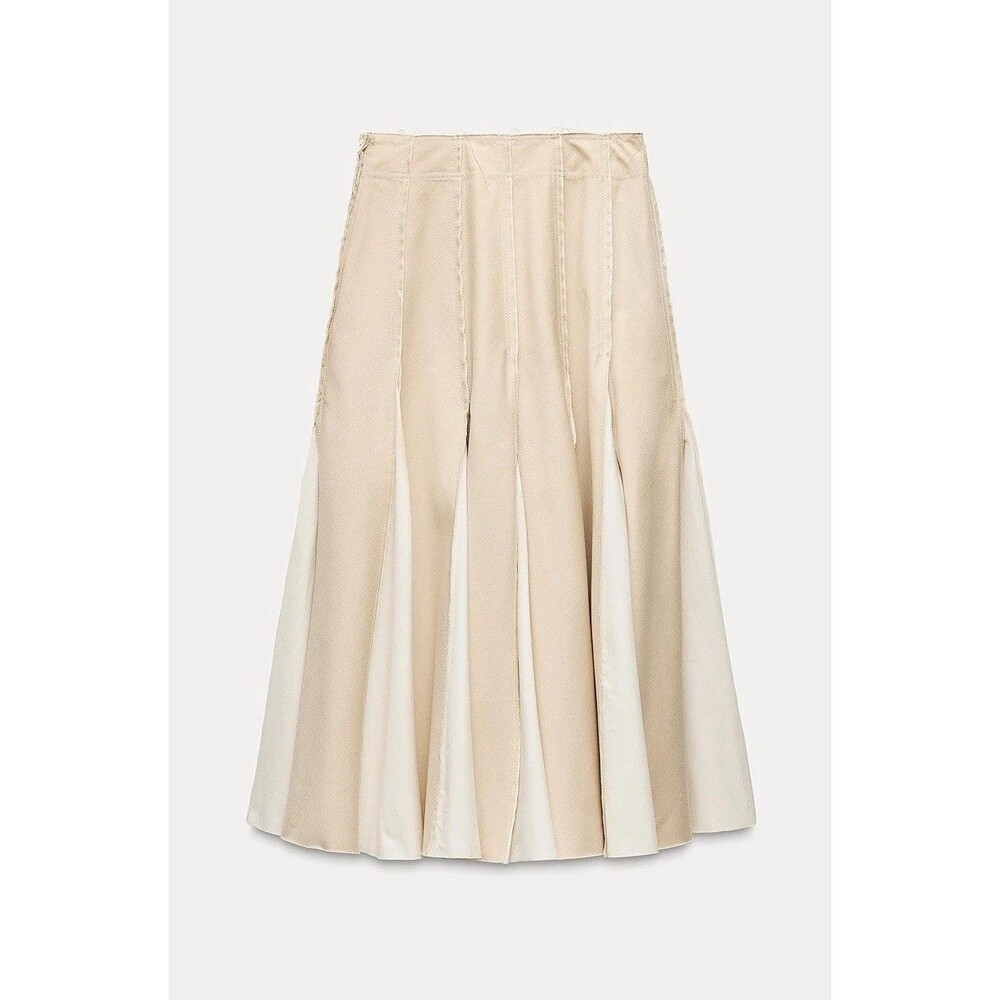 Zara Box Pleat Midi Skirt ZW Collection Beige 100% Cotton Size XSmall 8701/378